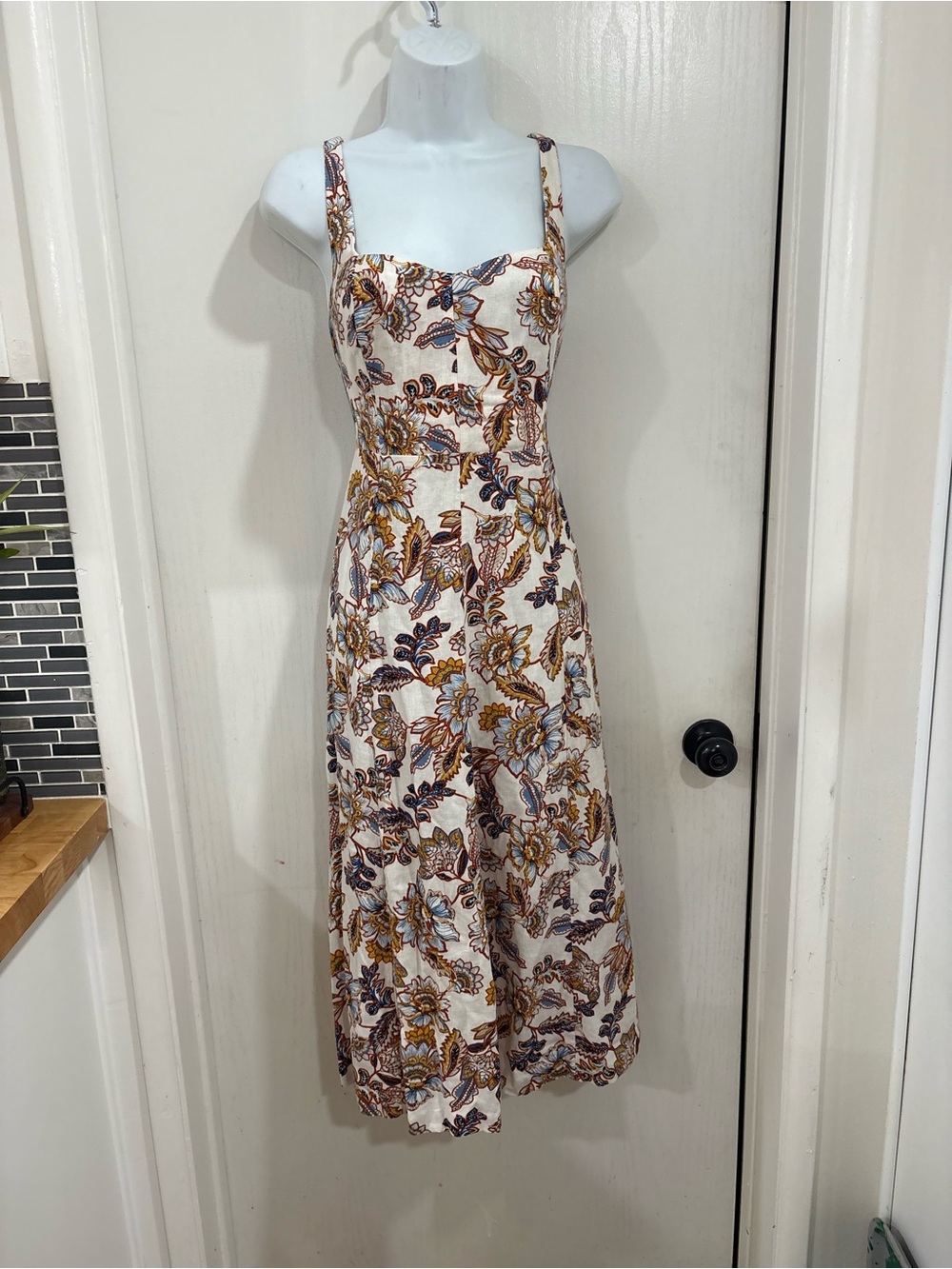 Floral linen Square-Neck Midi Dress in Cream and Blue - Picture 7 of 8